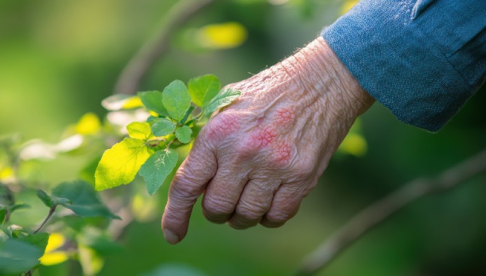 Hand touching poison ivy.
